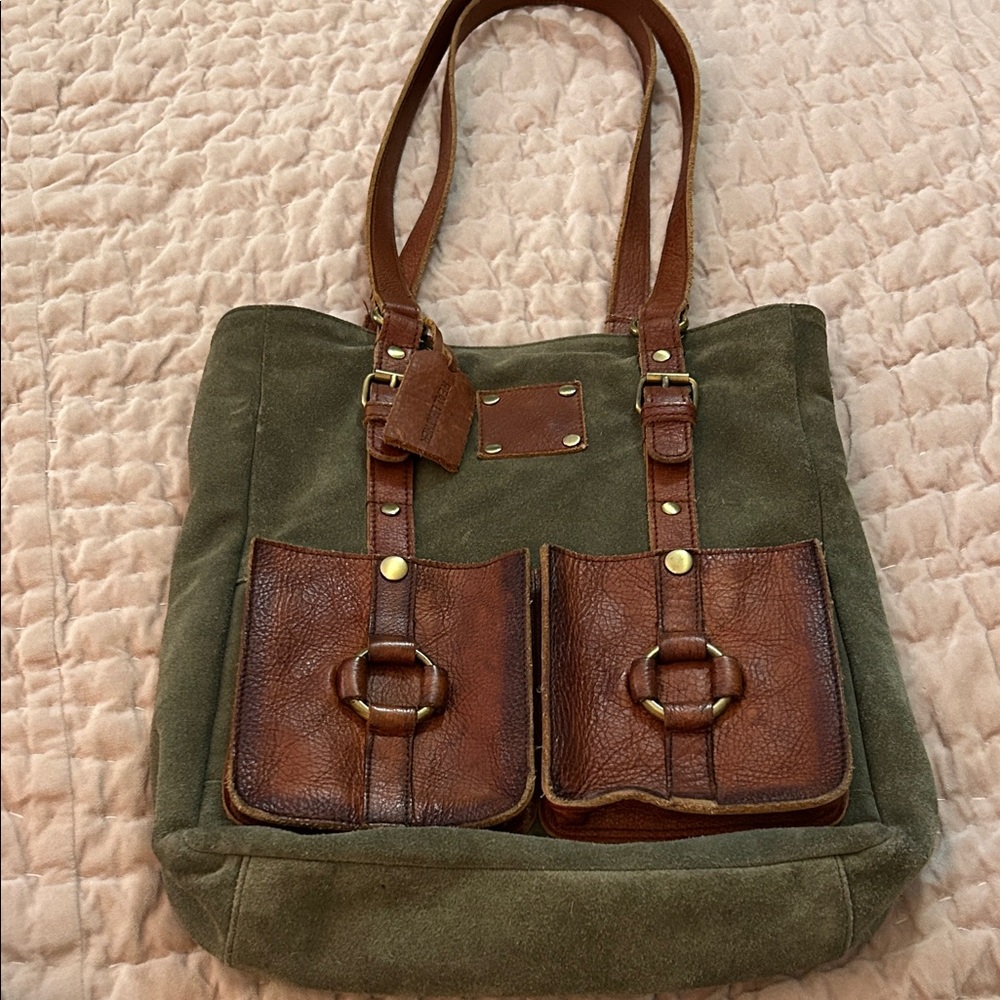 Anabaglish suede Olive and Brown leather Tote Bag